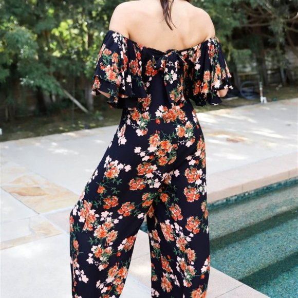 Floral Print Off-The-Shoulder Flare Sleeve Back Tie Detail Wide Leg Jumpsuit - Picture 5 of 6